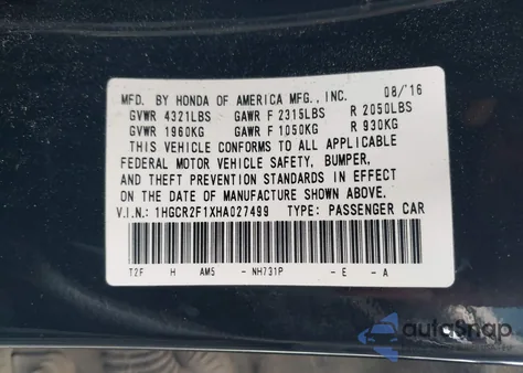 2017 Honda Accord Sport Special Edition from USA, damaged, VIN 1HGCR2F1XHA027499